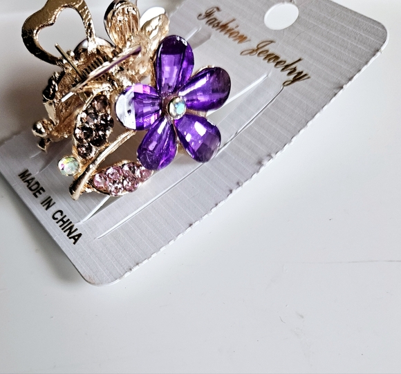 NWT Small Purple Gems & Rose Gold Enamel Flower Hair Clip! - Picture 12 of 16